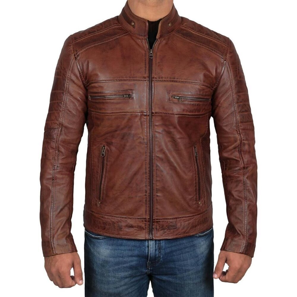 🆕Men’s Brown Decrum Real Lambskin Leather Jacket Cafe Racer Motorcycle - Picture 3 of 5